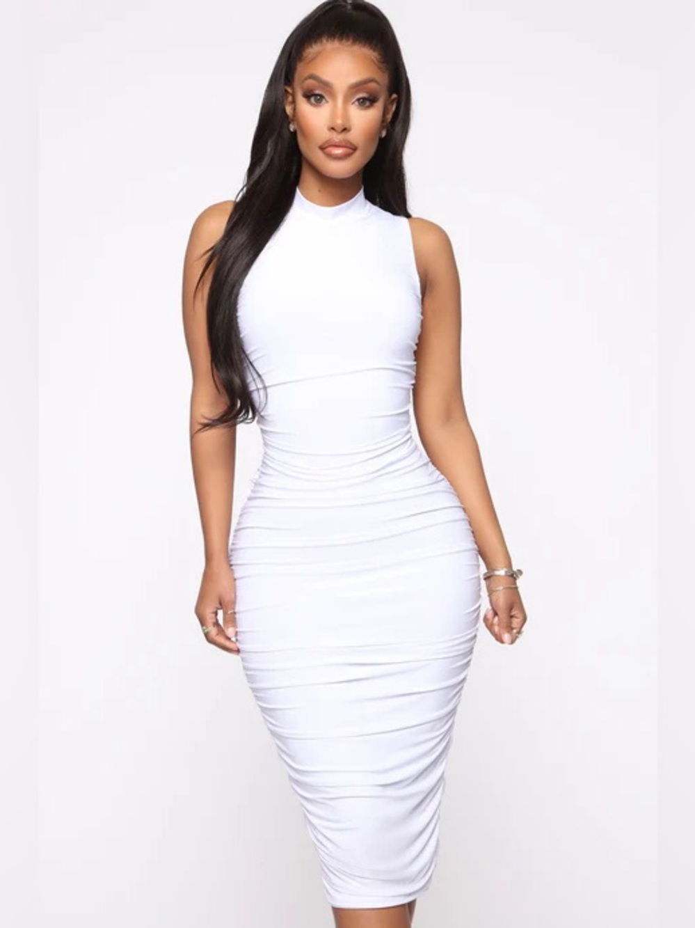 BNWT Fashion Nova White Sleeveless Ruched Midi Dress